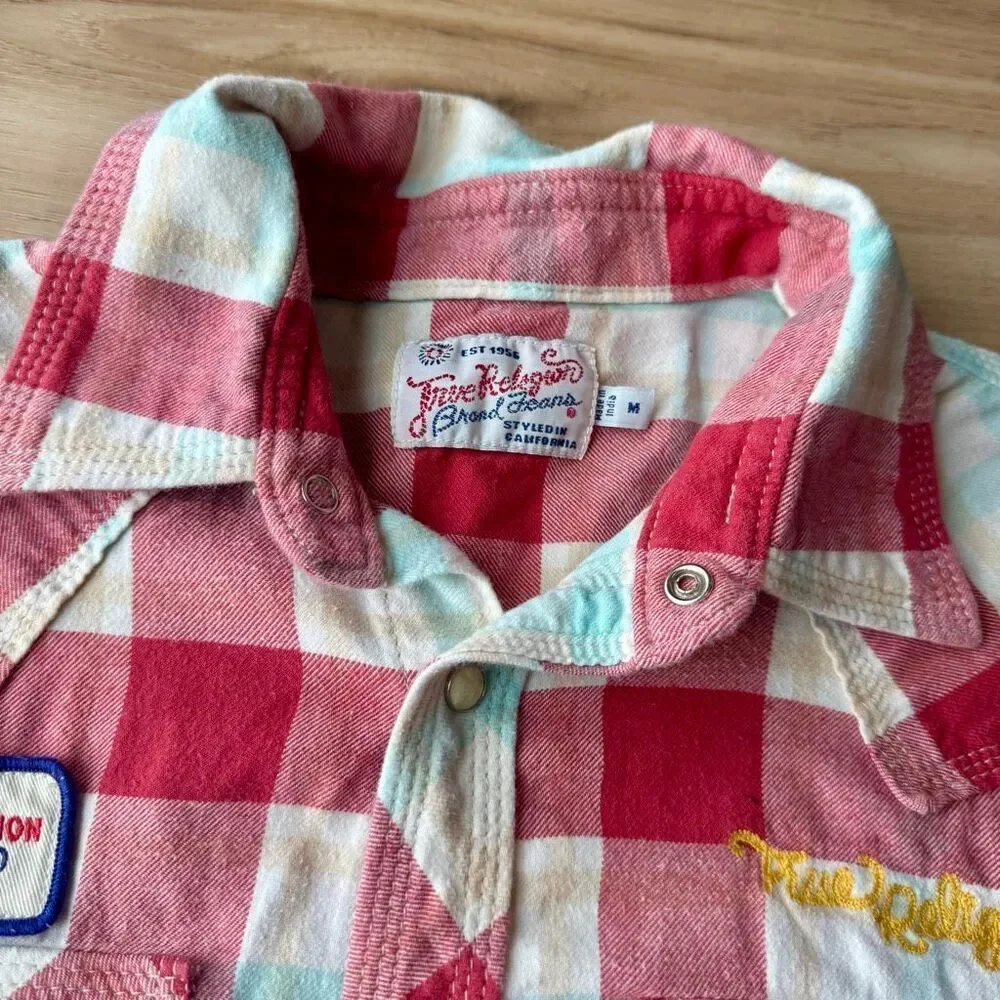 True Religion 56 Rebels Motorcycle Club Pearl Snap Plaid Shirt Red Medium Y2K